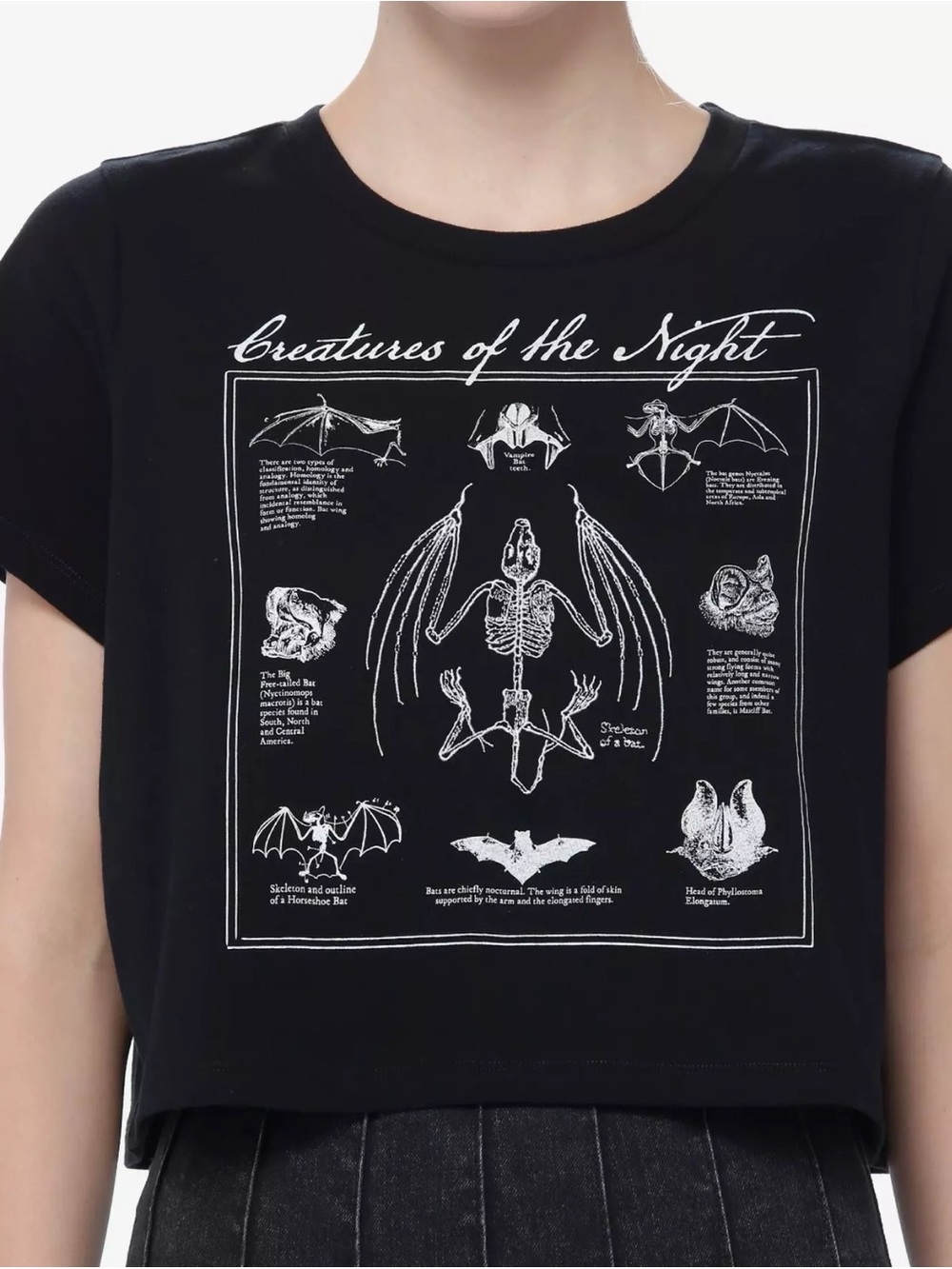 Black 'Creatures of the Night' Graphic Crop Tee embroidered skeleton of a bat